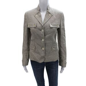 Belvest Women Military Jacket Gray Hemp Herringbone Button Long Sleeve Size 40